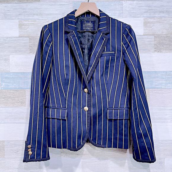 J CREW Schoolboy Blazer Blue Academia Stripe 100% Wool Gold Buttons Womens 8 - Picture 1 of 7